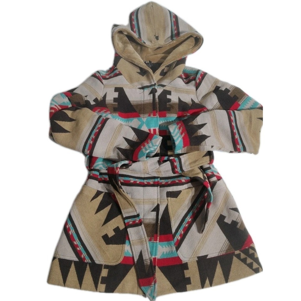 JOUJOU Aztec Western Southwest Coat Womens Medium Faux Fur‎ Hood